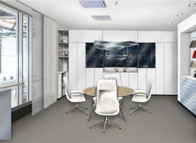 showroom in flugzeughangar für learjets interior design formwaende