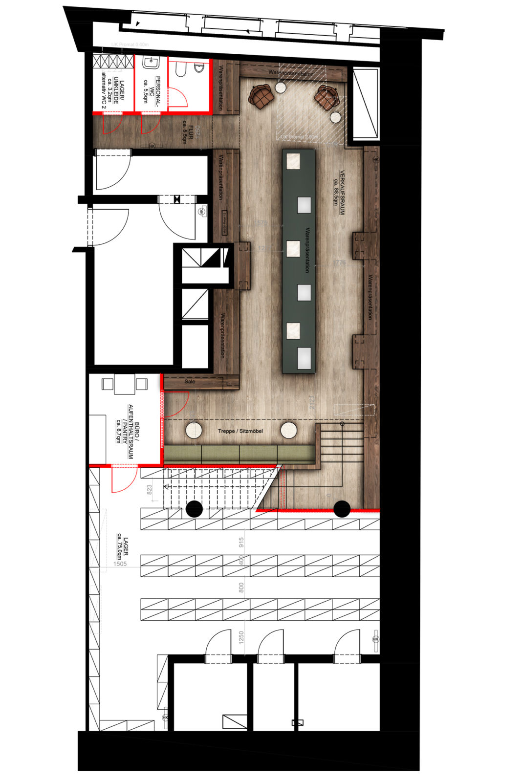 grundriss schuhladen alter wall hamburg raumgestaltung iterior retail formwaende