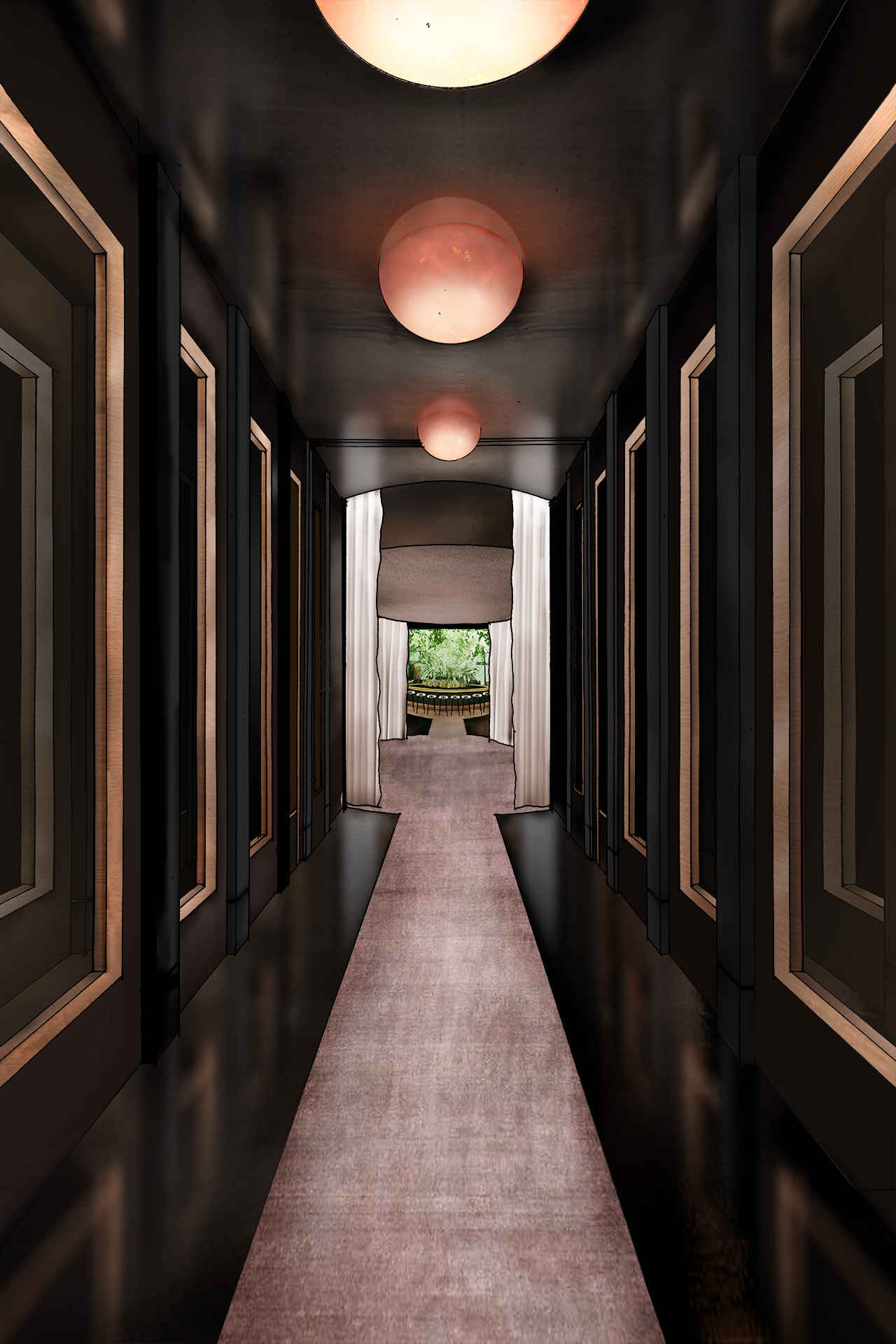 Flur dunkel atmosphäre berlin hotel interior planung konzeptentwurf formwaende innenarchitekten