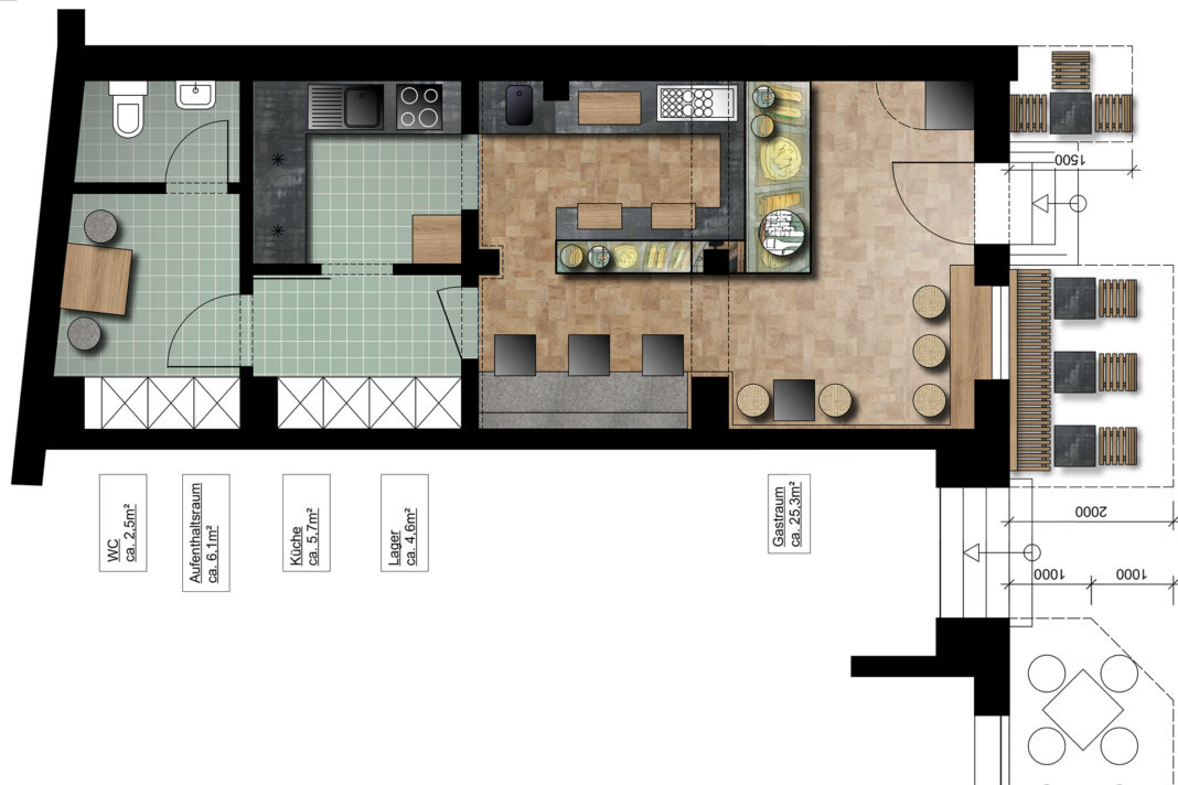 grundriss des konzeptentwurfs für deli in lüneburg gastronomie interior formwaende
