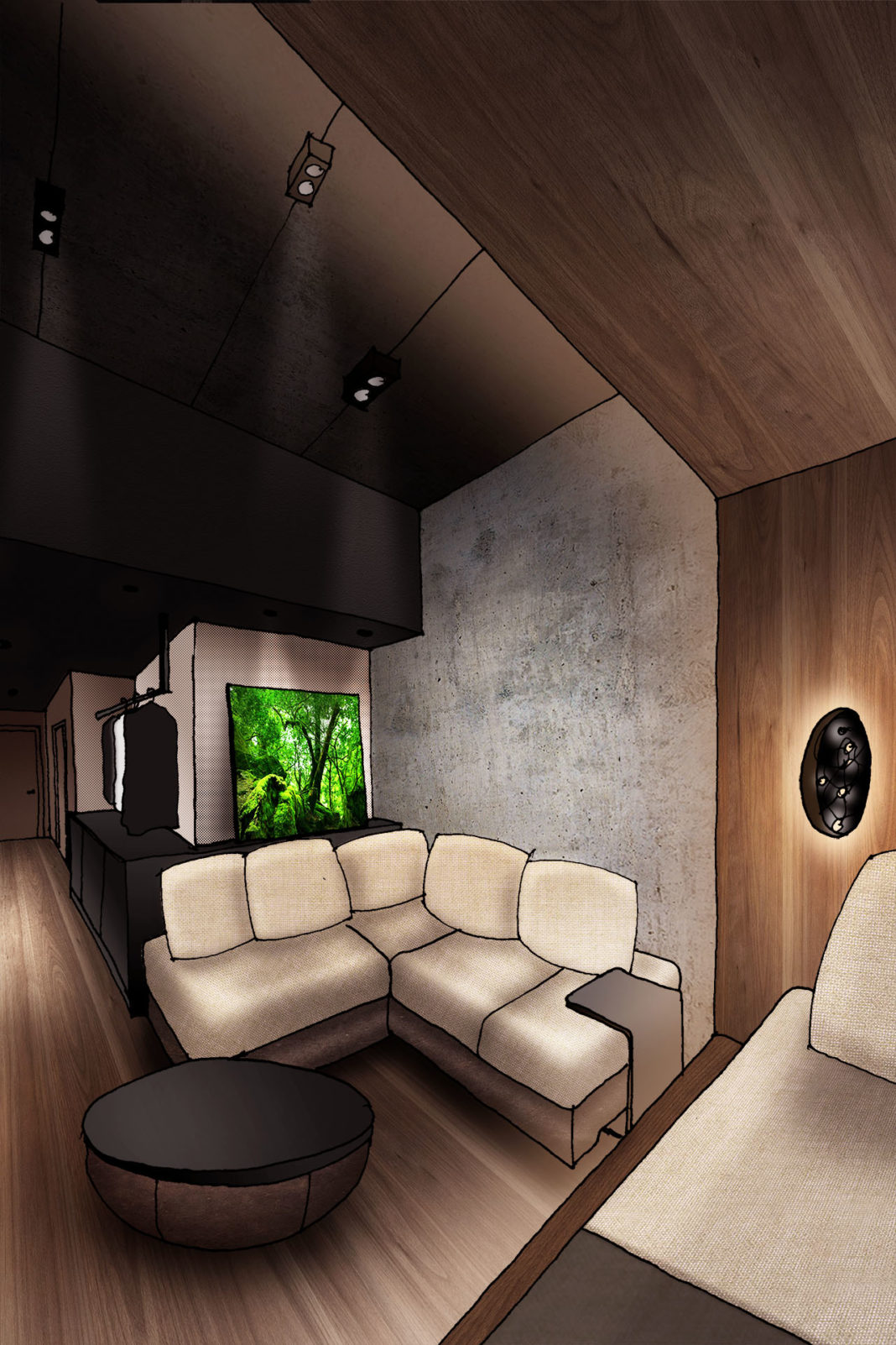 wohnbereich mit ecksofa in hotel hochbunker designkonzept formwaende innenarchitektin